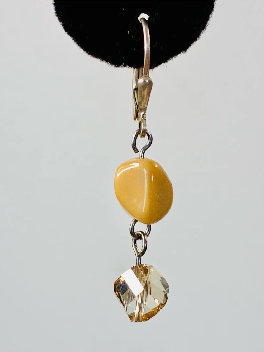 925 Lever-back Caramel Gemstone Bead Drop Earrings with Champagne Crystal Accent